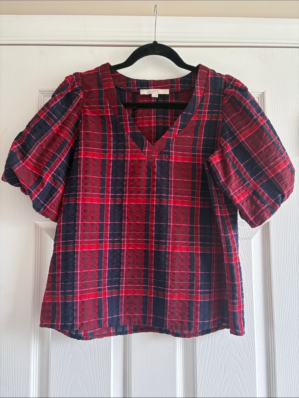 LOFT Red and Navy Plaid Puff-Sleeve V-Neck Blouse